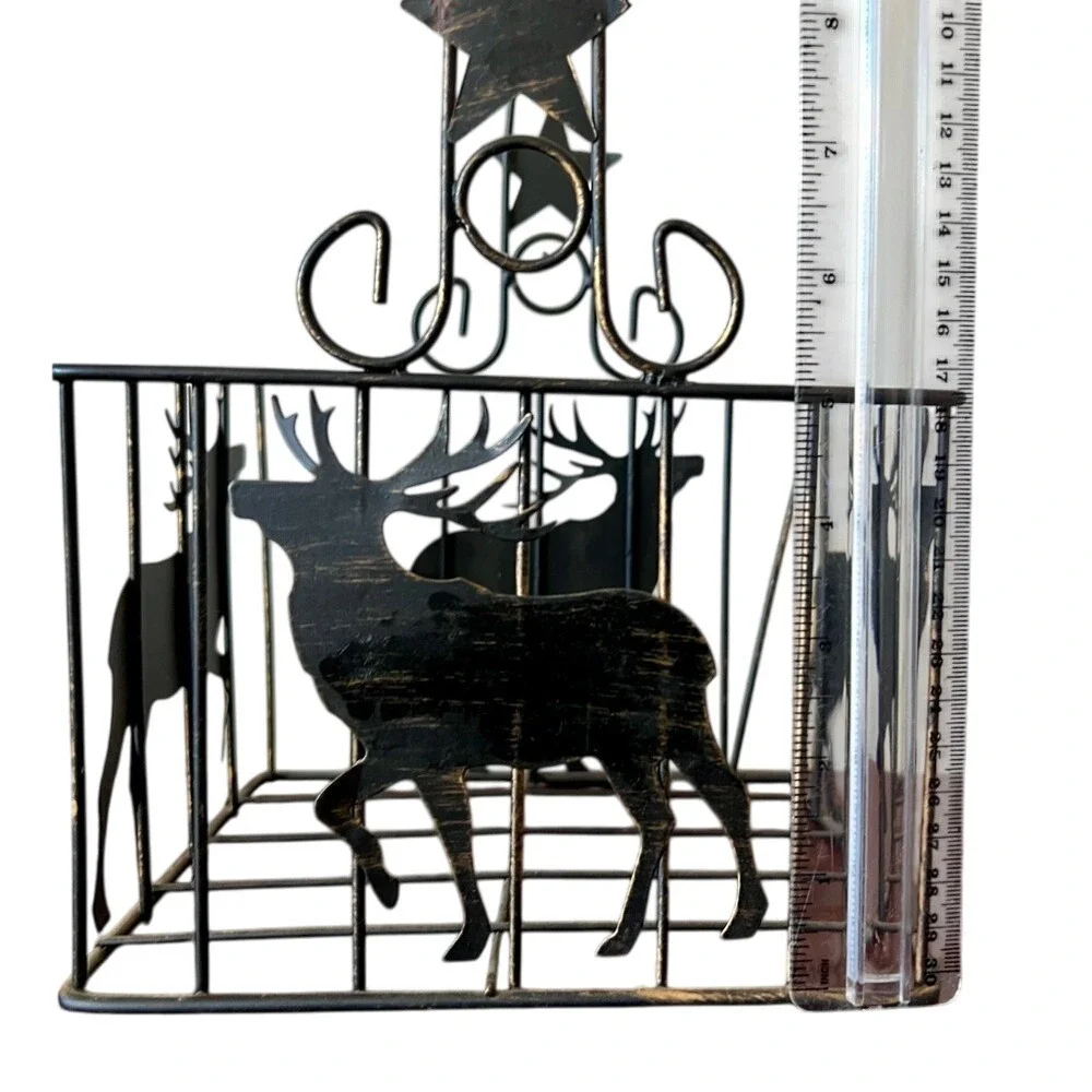 Rustic Metal Reindeer Christmas Basket Star Handle Black Distressed 12in